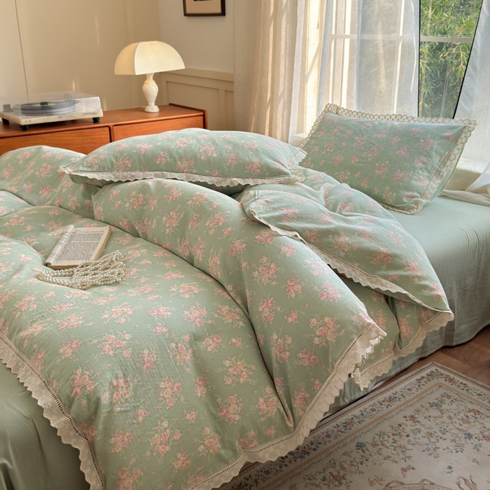 91家纺网 家纺一手货源 找家纺 曼之夏 2025新款A类全棉双层纱花边四件套 苏打绿