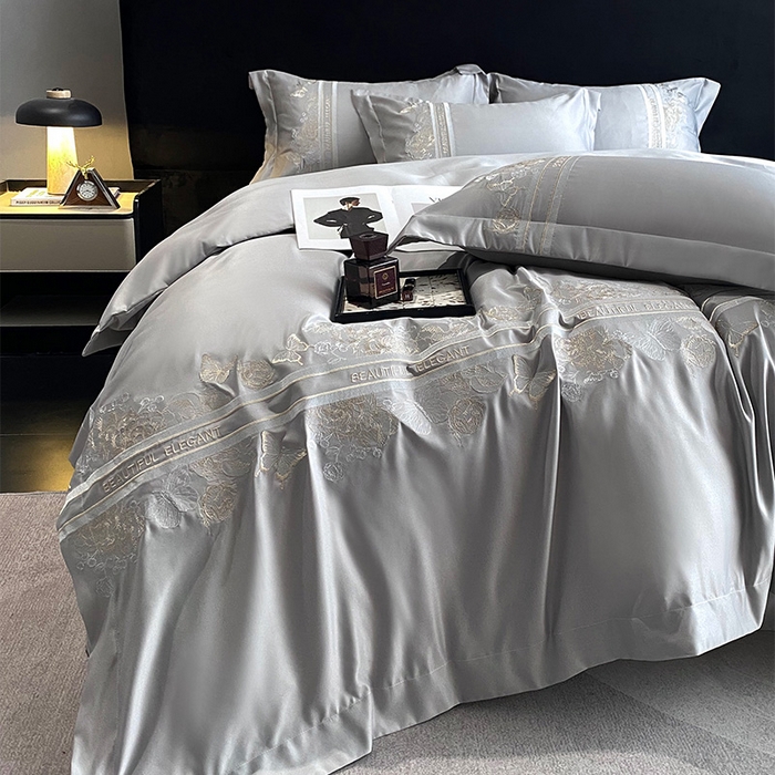 91家纺网 家纺一手货源 找家纺 优悦 2025新款冰丝简奢绣花四件套 巴黎旧梦-灰