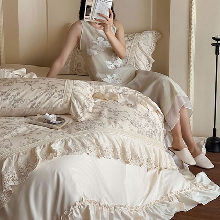 91家纺网 家纺一手货源 找家纺 （总）惯盈家纺 2025新款法式镂空花边全棉四件套-黎雾沉香【含买家秀】