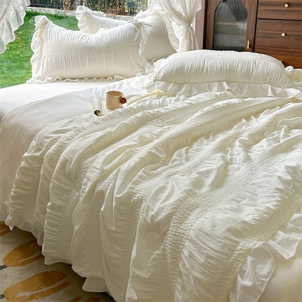 灰鲸2025新款泡泡纱公主风花边款夏被夏凉被空调被四件套系列 泡泡纱花边款-奶昔白+奶油白