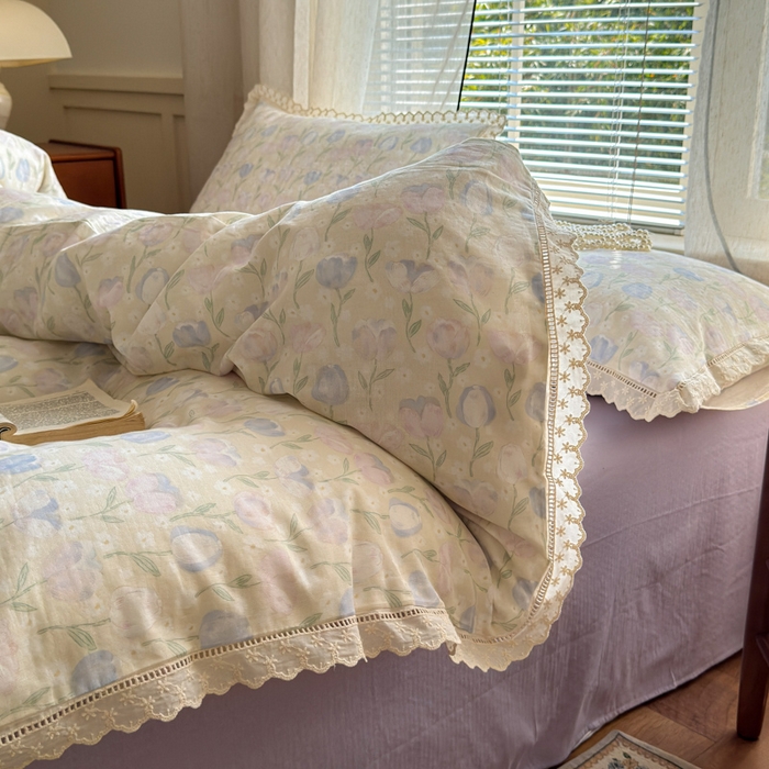 91家纺网 家纺一手货源 找家纺 曼之夏 2025新款A类全棉双层纱花边四件套 郁金香