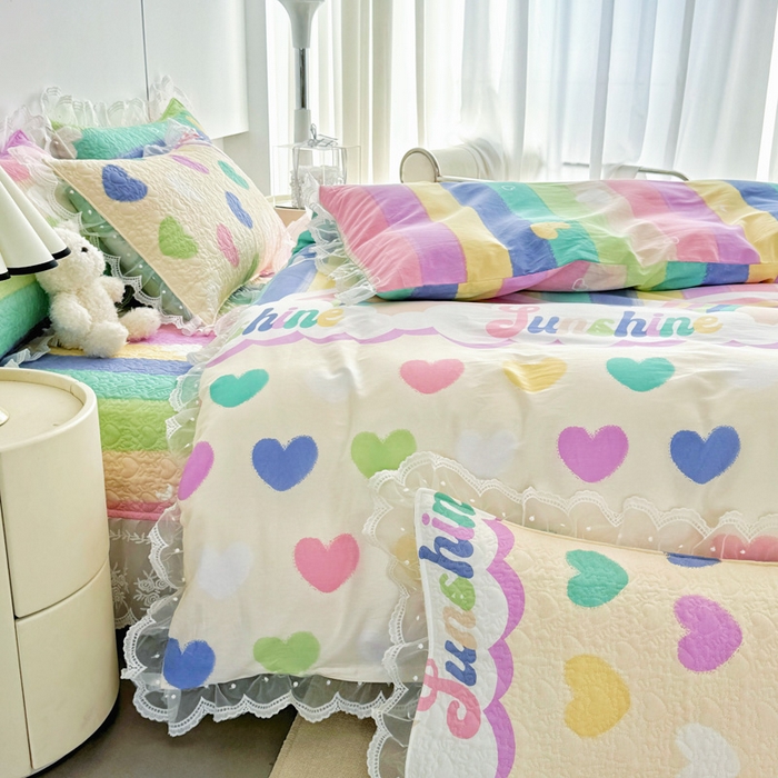 91家纺网 家纺一手货源 找家纺 添越 2024新款雪纺蕾丝款纯棉床盖四件套小彩虹