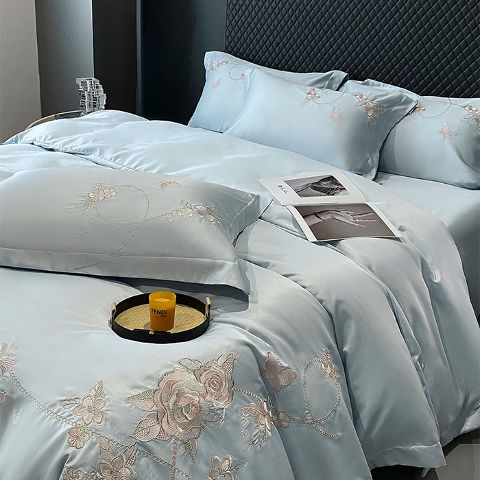 91家纺网 家纺一手货源 找家纺 优悦 2025新款冰丝简奢绣花四件套 雅韵佳人-蓝