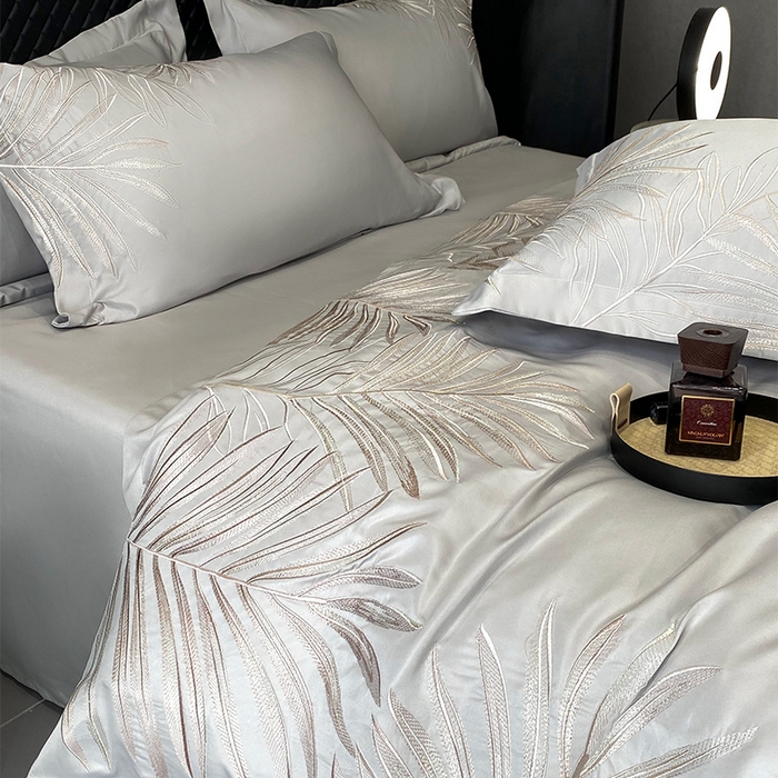 91家纺网 家纺一手货源 找家纺 优悦 2025新款冰丝简奢绣花四件套 流光岁月-灰