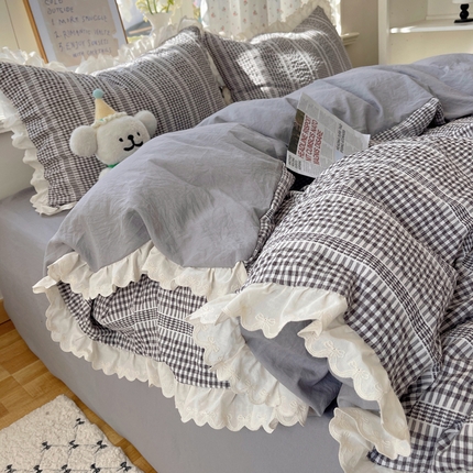 轻奢坊 2025新款色织提花格子水洗棉仙仙花边安妮四件套 花边安妮-黑