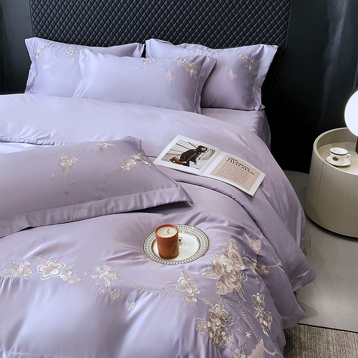 91家纺网 家纺一手货源 找家纺 优悦 2025新款冰丝简奢绣花四件套 雅韵佳人-紫