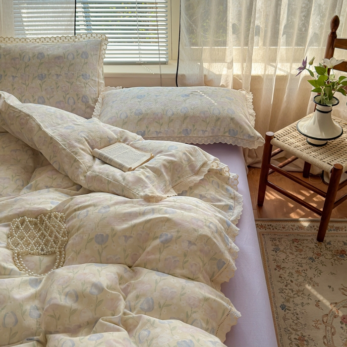 91家纺网 家纺一手货源 找家纺 曼之夏 2025新款A类全棉双层纱花边四件套 郁金香