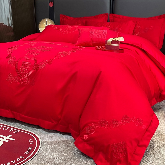 91家纺网 家纺一手货源 找家纺 晶缦家纺 2025新款喷气全棉13376婚庆绣花四件套 新婚快乐-红