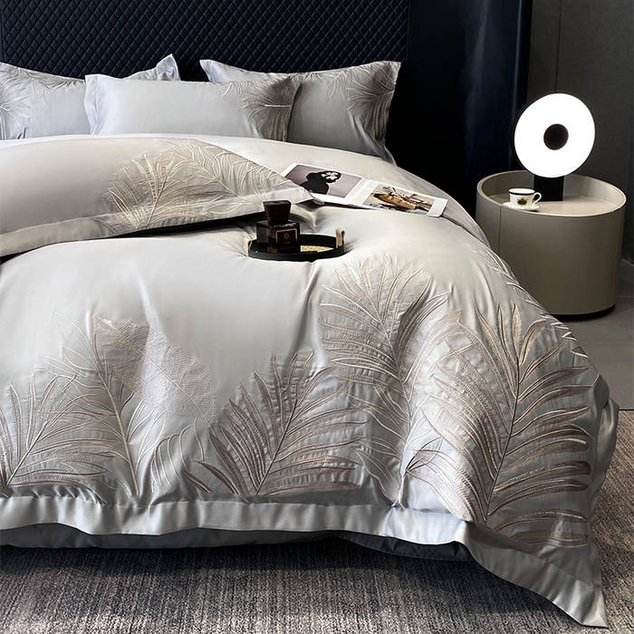 91家纺网 家纺一手货源 找家纺 优悦 2025新款冰丝简奢绣花四件套 流光岁月-灰