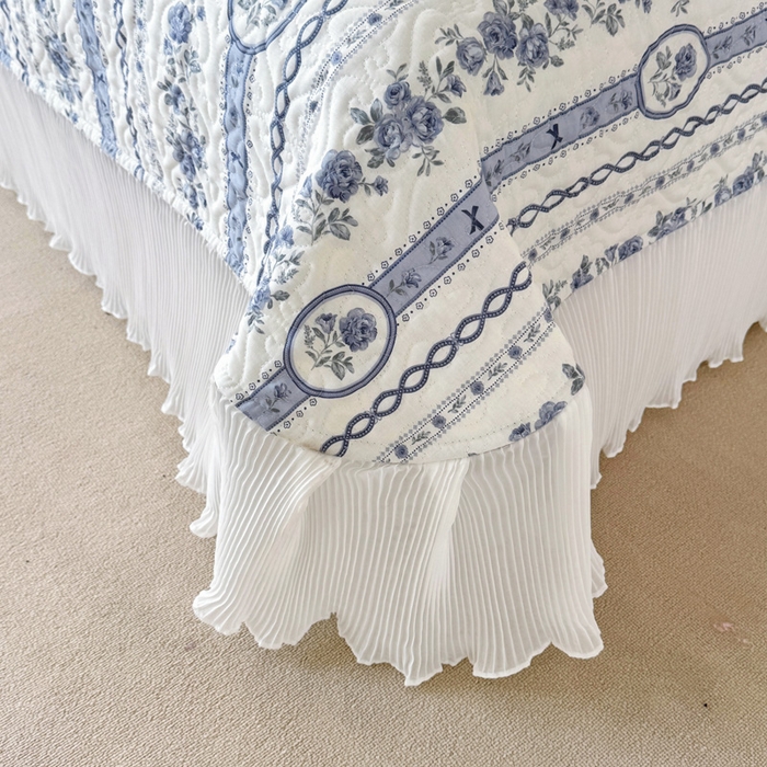 91家纺网 家纺一手货源 找家纺 添越 2024小清新韩版蕾丝花边纯棉夹棉床盖三件套全棉静若幽兰