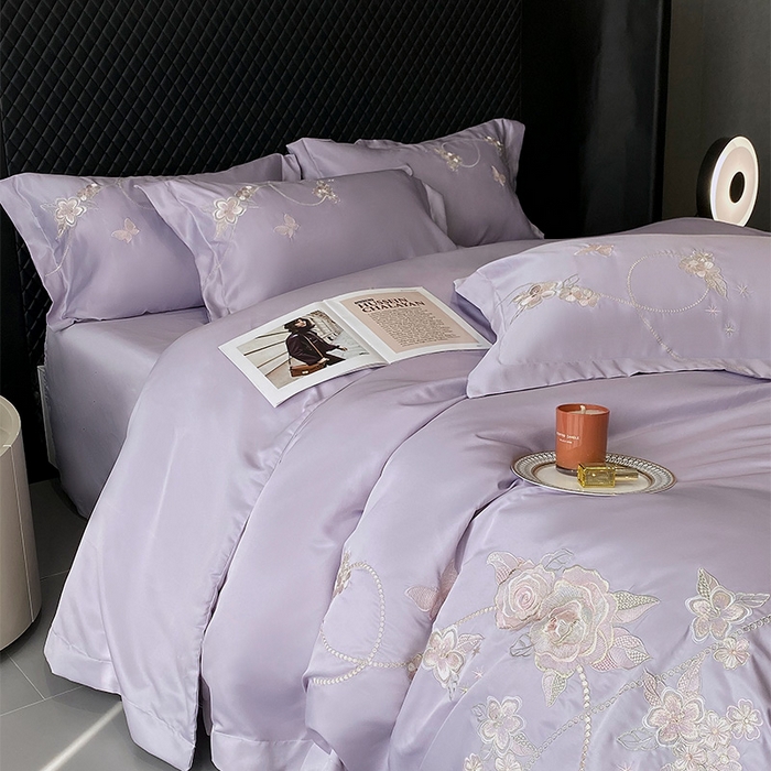 91家纺网 家纺一手货源 找家纺 优悦 2025新款冰丝简奢绣花四件套 雅韵佳人-紫