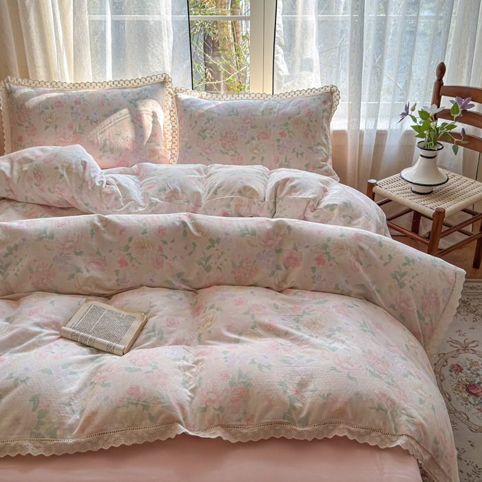 91家纺网 家纺一手货源 找家纺 曼之夏 2025新款A类全棉双层纱花边四件套 如梦令