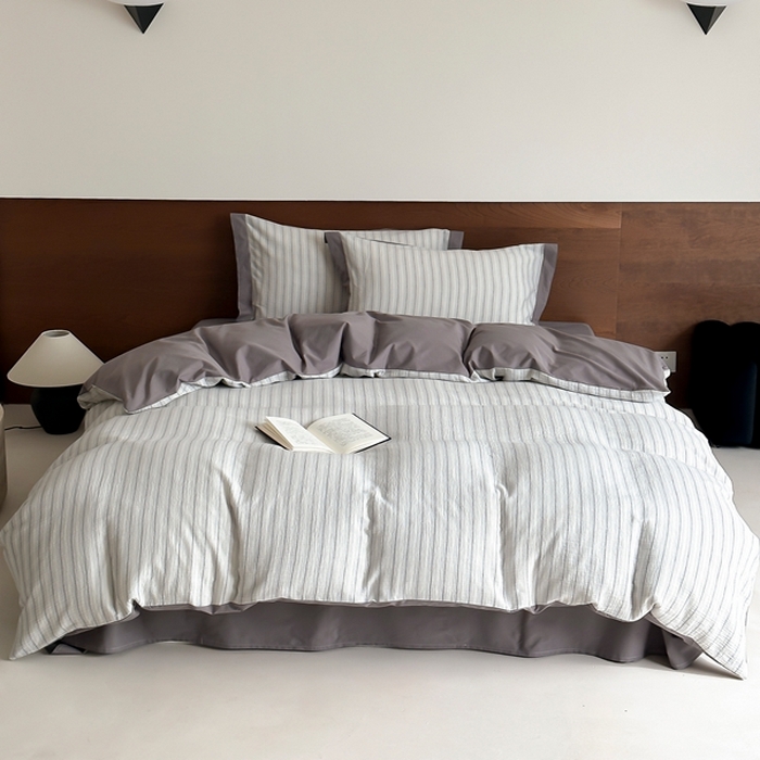 91家纺网 家纺一手货源 找家纺 旷野2025新款全棉纯棉A类婴幼儿级双层纱皱皱纱四件套 理想三旬-灰