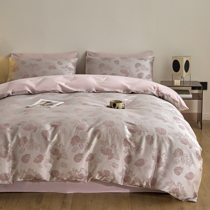 91家纺网 家纺一手货源 找家纺 琪格格纺织  2025新款色织天丝棉提花四件套 松林果-粉紫