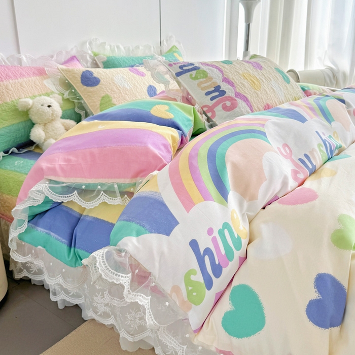 91家纺网 家纺一手货源 找家纺 添越 2024新款雪纺蕾丝款纯棉床盖四件套小彩虹