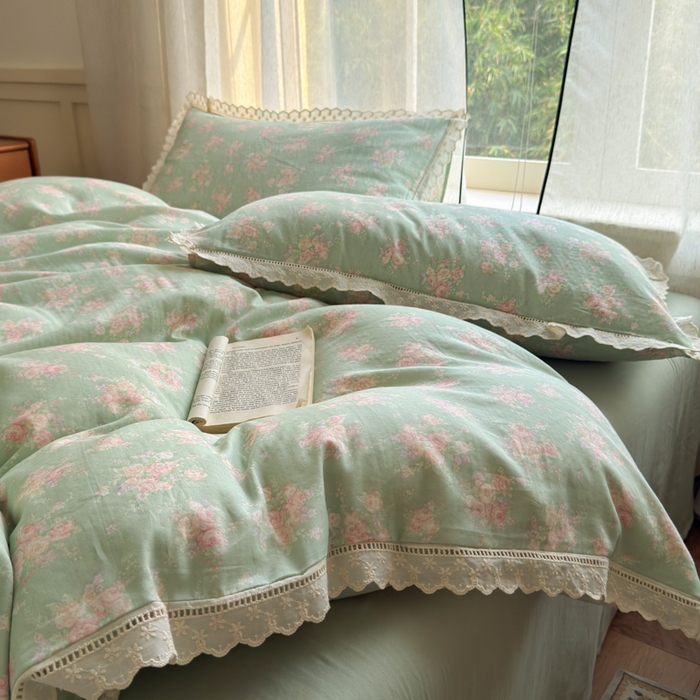 91家纺网 家纺一手货源 找家纺 曼之夏 2025新款A类全棉双层纱花边四件套 苏打绿