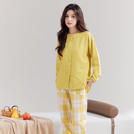良品汇馆纯棉双层纱情侣居家服 国潮风女款黄