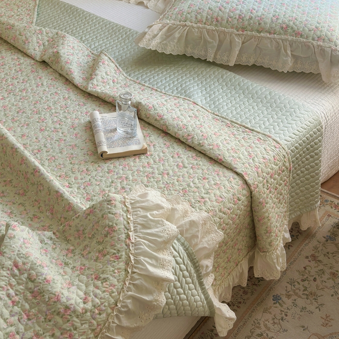 91家纺网 家纺一手货源 找家纺 淑女公社家纺  2025春夏新款法式纯棉双层纱夏被床盖四件套 春天里