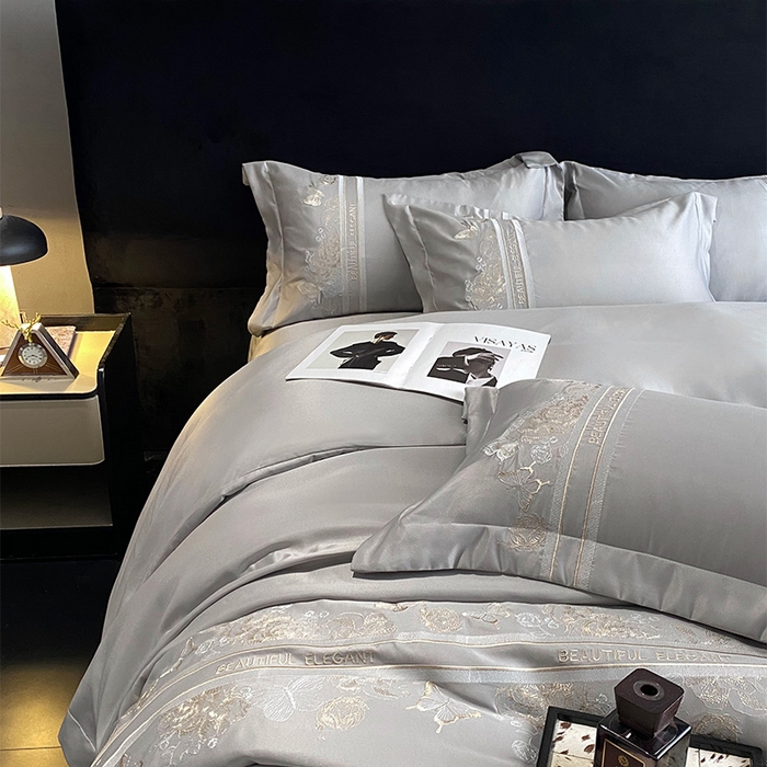 91家纺网 家纺一手货源 找家纺 优悦 2025新款冰丝简奢绣花四件套 巴黎旧梦-灰