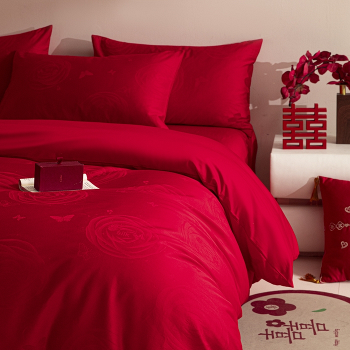 91家纺网 家纺一手货源 找家纺 琪格格纺织 2025新款纯棉婚庆四件套结婚用品提花简约婚庆 花繁锦绣