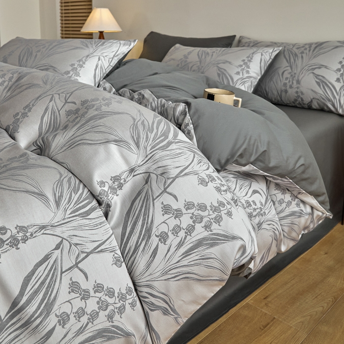 91家纺网 家纺一手货源 找家纺 琪格格纺织  2025新款色织天丝棉提花四件套 风铃草-灰