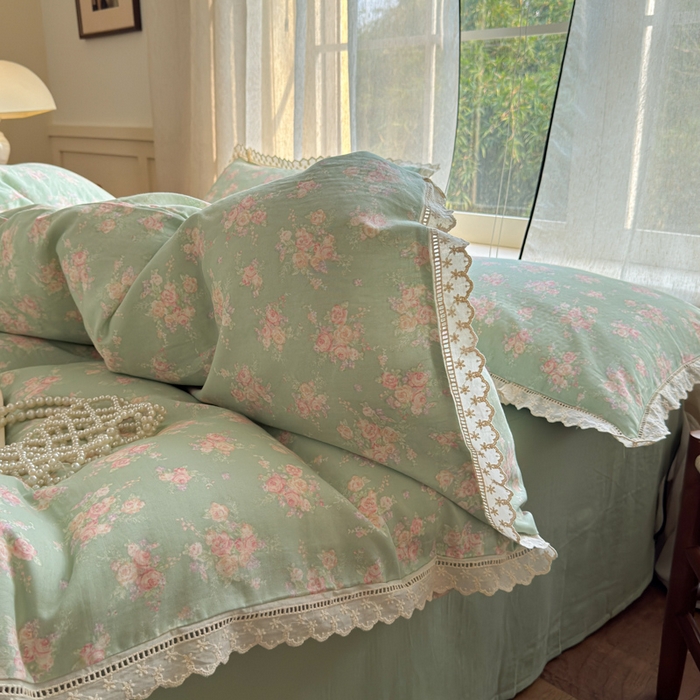 91家纺网 家纺一手货源 找家纺 曼之夏 2025新款A类全棉双层纱花边四件套 苏打绿