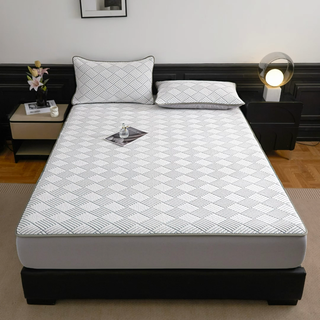 91家纺网 家纺一手货源 找家纺 欧邦 2025新款外贸热销加厚菱形Pe中分子凉感豆豆软席 菱形-灰 床笠款
