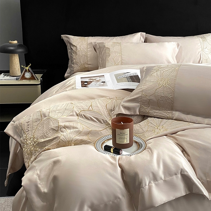 91家纺网 家纺一手货源 找家纺 优悦 2025新款冰丝简奢绣花四件套 北欧情调-香槟