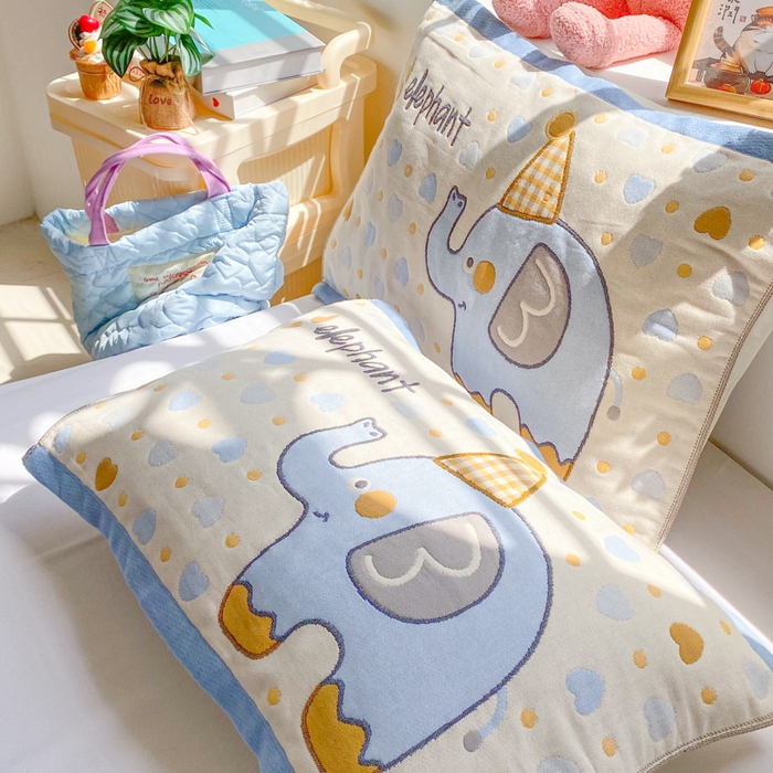 91家纺网 家纺一手货源 找家纺 美宜家 2025新款40*60儿童纯棉A类纱布枕巾乳胶专用高档枕巾 小象乐园 一对