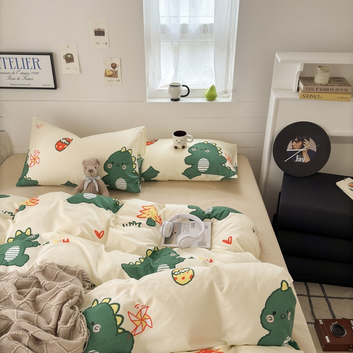 91家纺网 家纺一手货源 找家纺 可可家纺 2025新款印花卡通芦荟棉四件套亲肤床单被套三件套 恐龙宝宝