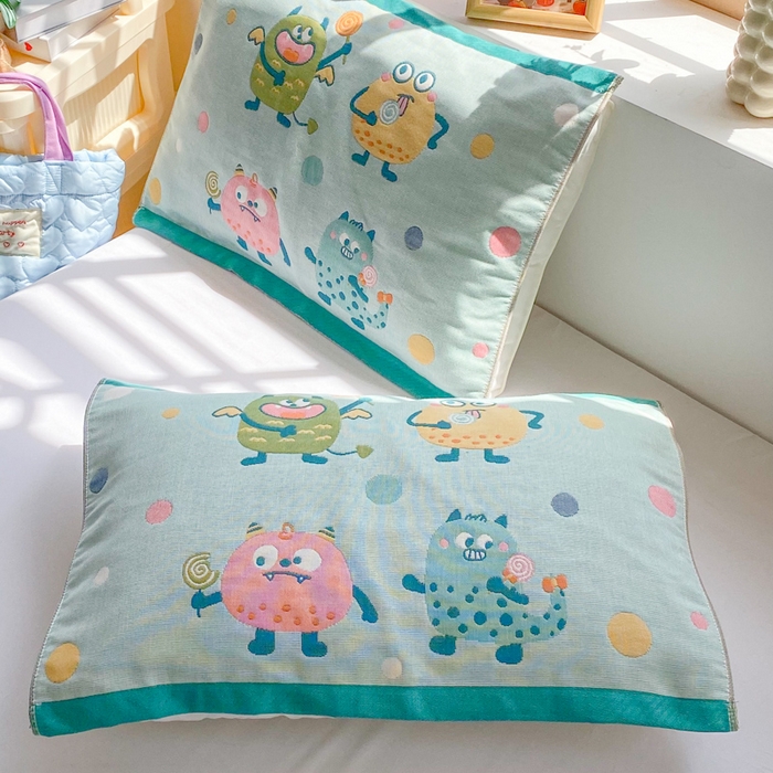 91家纺网 家纺一手货源 找家纺 美宜家 2025新款40*60儿童纯棉A类纱布枕巾乳胶专用高档枕巾 波点兽 一只