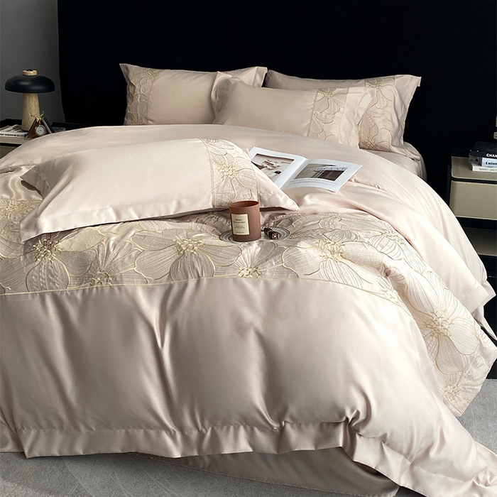 91家纺网 家纺一手货源 找家纺 优悦 2025新款冰丝简奢绣花四件套 北欧情调-香槟