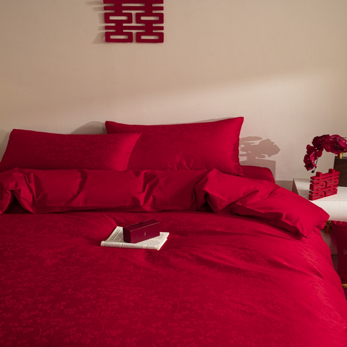 91家纺网 家纺一手货源 找家纺 琪格格纺织 2025新款纯棉婚庆四件套结婚用品提花简约婚庆 叶满良缘