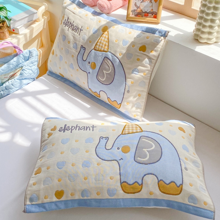 91家纺网 家纺一手货源 找家纺 美宜家 2025新款40*60儿童纯棉A类纱布枕巾乳胶专用高档枕巾 小象乐园 一对