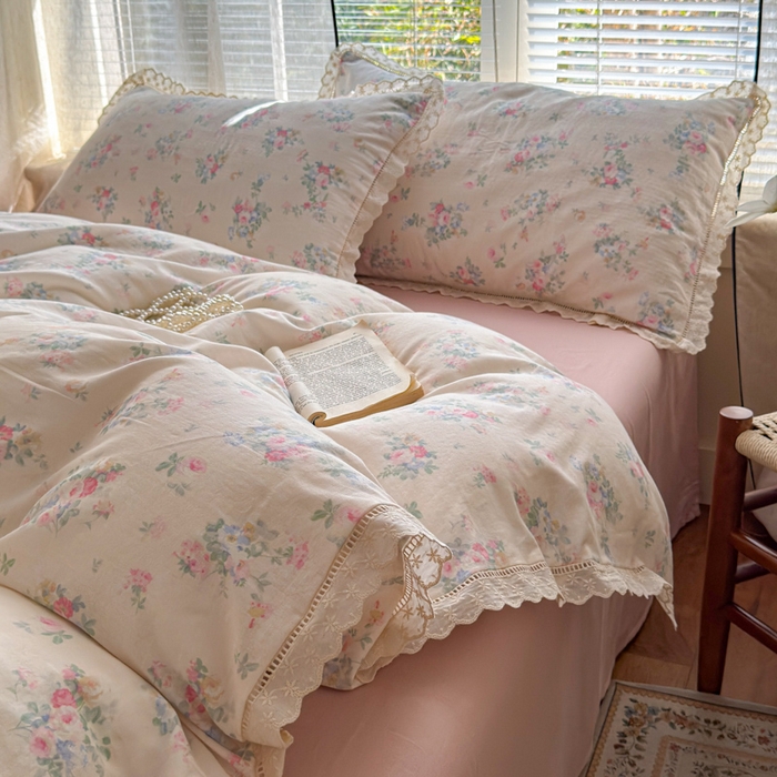 91家纺网 家纺一手货源 找家纺 曼之夏 2025新款A类全棉双层纱花边四件套 茉莉