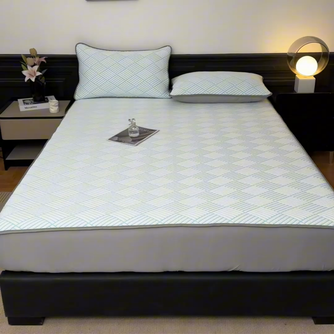 91家纺网 家纺一手货源 找家纺 欧邦 2025新款外贸热销加厚菱形Pe中分子凉感豆豆软席 菱形-蓝 床笠款