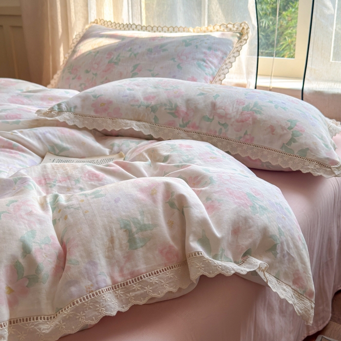 91家纺网 家纺一手货源 找家纺 曼之夏 2025新款A类全棉双层纱花边四件套 如梦令