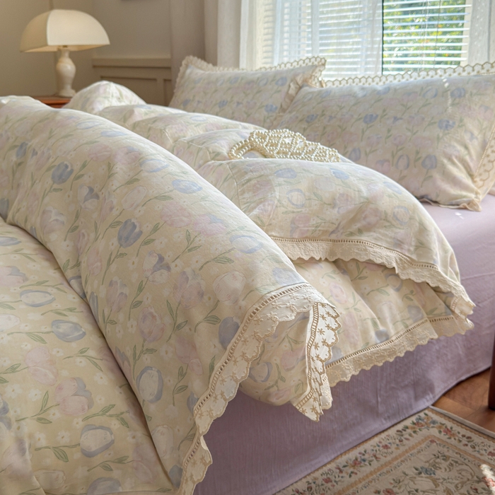 91家纺网 家纺一手货源 找家纺 曼之夏 2025新款A类全棉双层纱花边四件套 郁金香