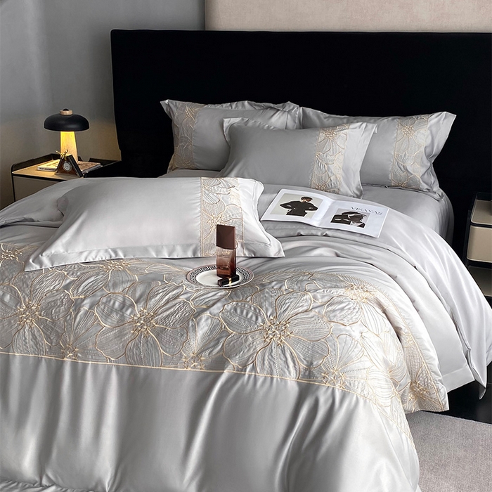 91家纺网 家纺一手货源 找家纺 优悦 2025新款冰丝简奢绣花四件套 北欧情调-灰