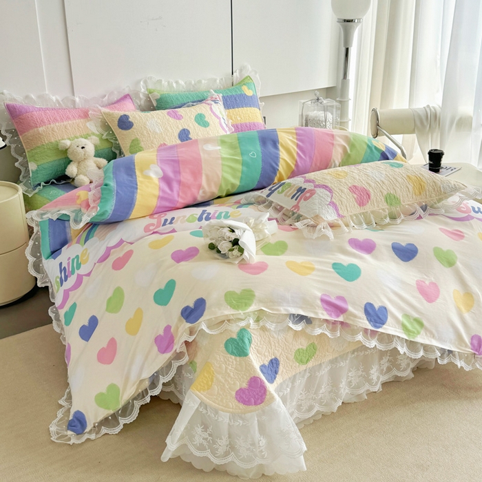 91家纺网 家纺一手货源 找家纺 添越 2024新款雪纺蕾丝款纯棉床盖四件套小彩虹