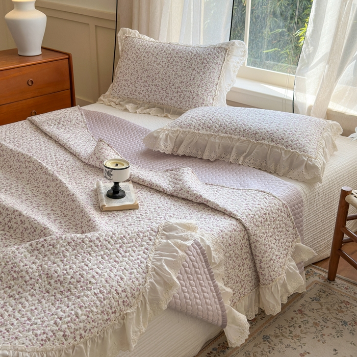 91家纺网 家纺一手货源 找家纺 淑女公社家纺  2025春夏新款法式纯棉双层纱夏被床盖四件套 悦颜 紫