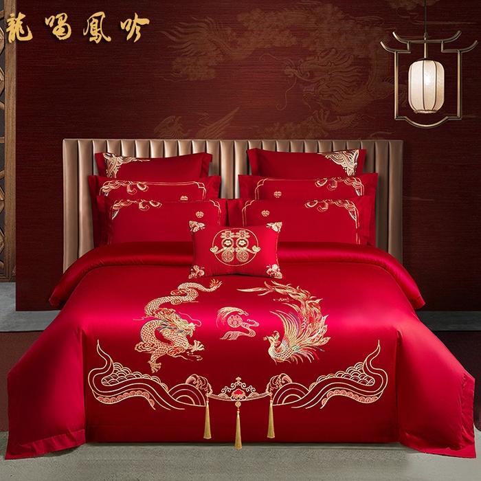 91家纺网 家纺一手货源 找家纺 晶缦家纺 2025新款喷气全棉13376婚庆绣花四件套 龙啸凤吟