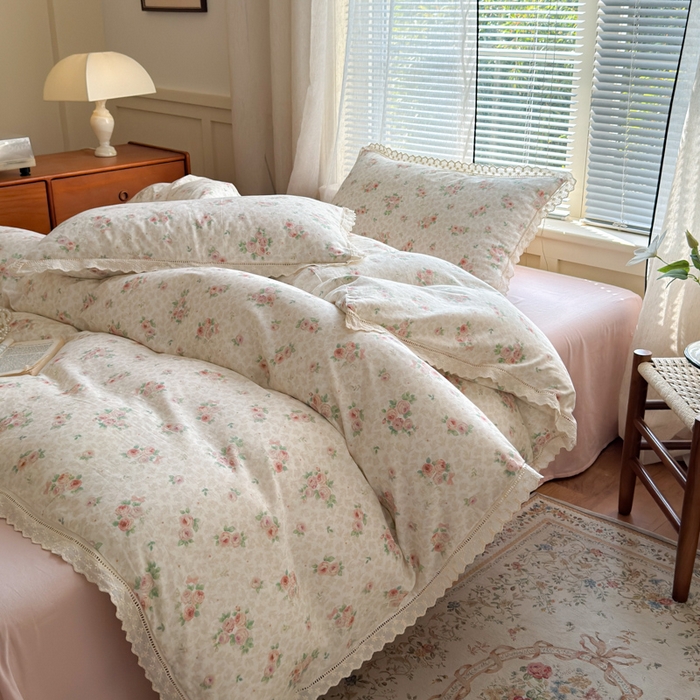 91家纺网 家纺一手货源 找家纺 曼之夏 2025新款A类全棉双层纱花边四件套 洛神玫瑰