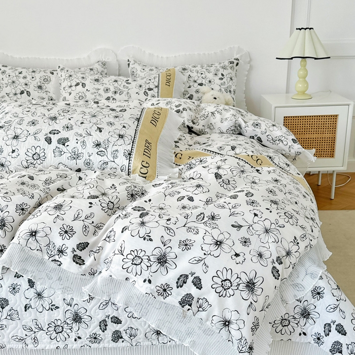 91家纺网 家纺一手货源 找家纺 添越 2024小清新韩版蕾丝花边纯棉夹棉床盖三件套全棉洛莉