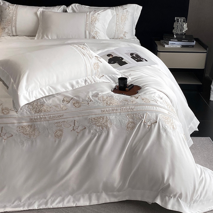 91家纺网 家纺一手货源 找家纺 优悦 2025新款冰丝简奢绣花四件套 巴黎旧梦-白
