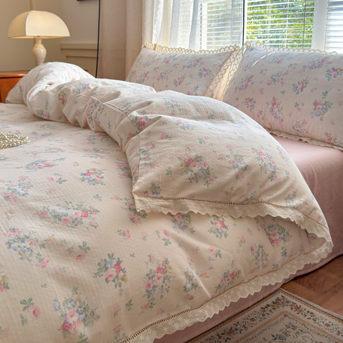 91家纺网 家纺一手货源 找家纺 曼之夏 2025新款A类全棉双层纱花边四件套 茉莉