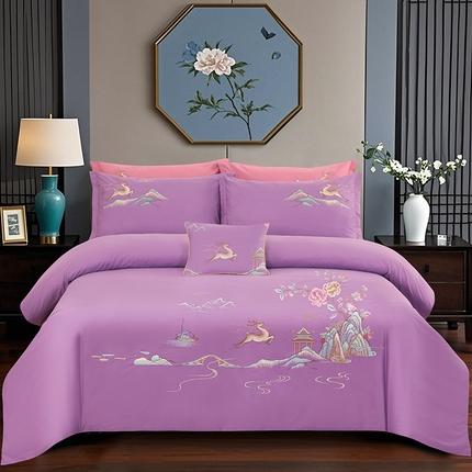 浩情国际婚庆供货中心 2026新款100支全棉高端刺绣四件套一鹿常红系列 一鹿常红-贵族紫