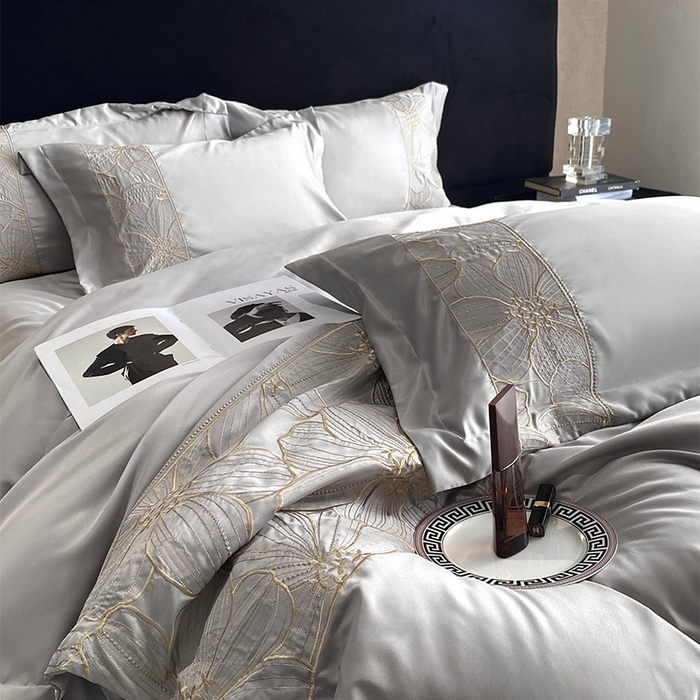 91家纺网 家纺一手货源 找家纺 优悦 2025新款冰丝简奢绣花四件套 北欧情调-灰