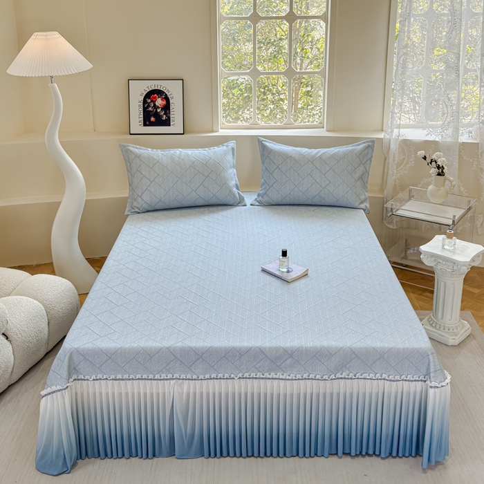 91家纺网 家纺一手货源 找家纺 棉生活家纺 2025新款高端款冰离子超软按摩凉席 方格-兰-床裙款