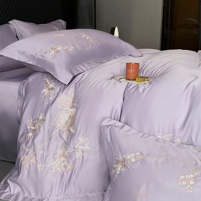 91家纺网 家纺一手货源 找家纺 优悦 2025新款冰丝简奢绣花四件套 雅韵佳人-紫